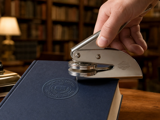 Creating a personal Ex Libris seal with custom embosser on vintage book